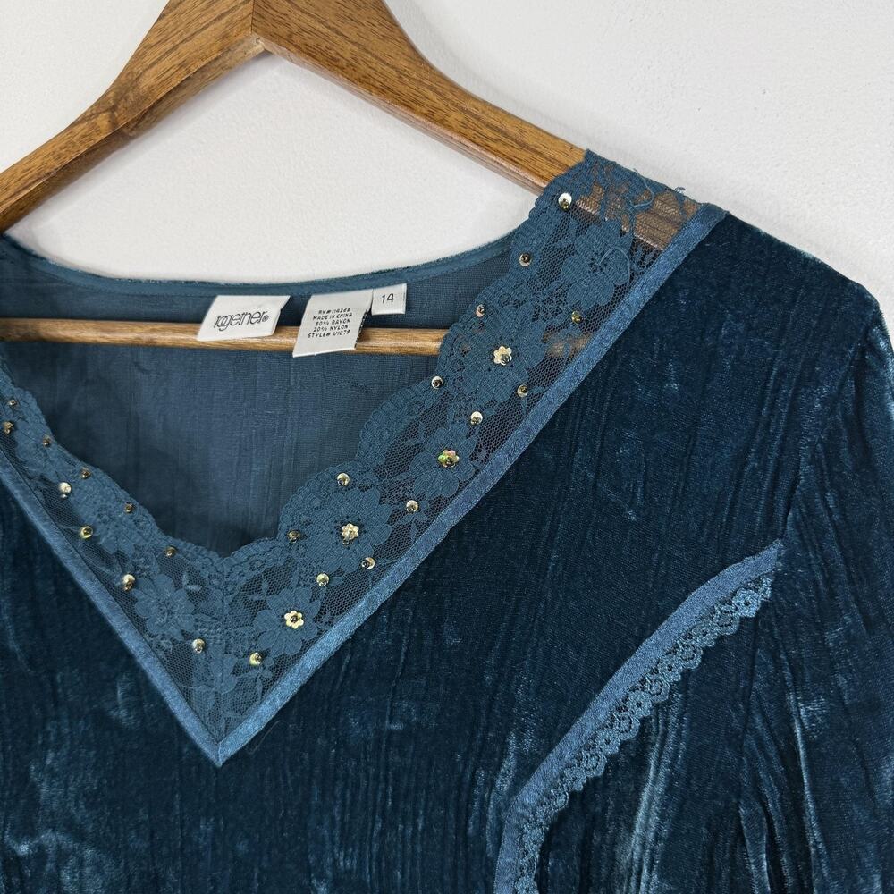 Whimsigoth Fairy Top Tunic 14 Blue Velvet Lace Sequin Witchy Long Sleeve Blouse